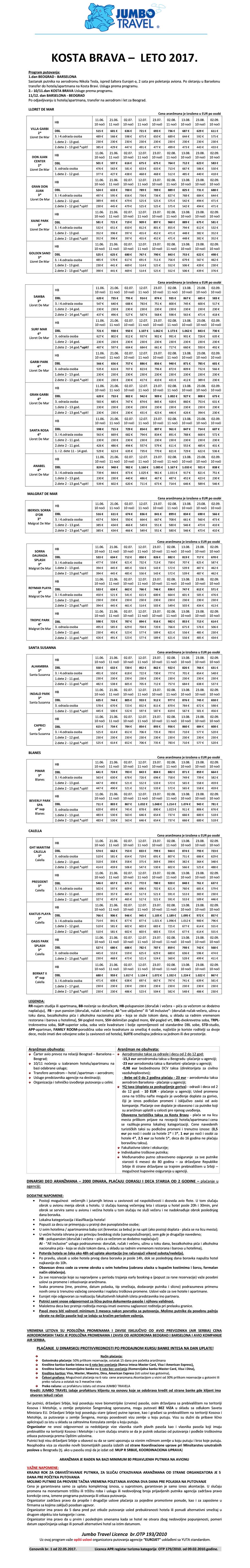 KOSTA BRAVA carter leto 2017 - redovan cenovnik broj 1