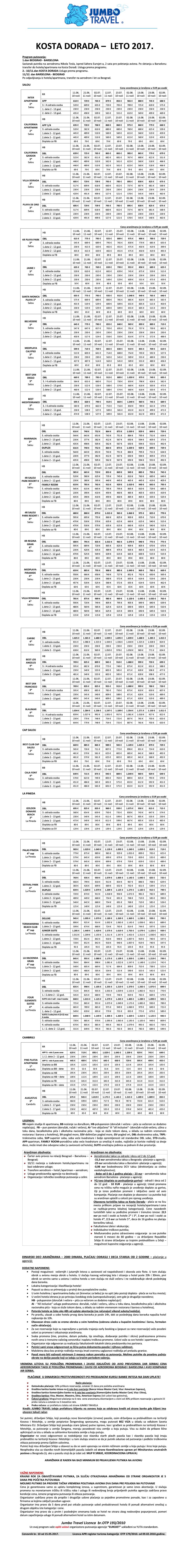 KOSTA DORADA carter leto 2017 - cenovnik broj 10. vazi od 15.05.2017
