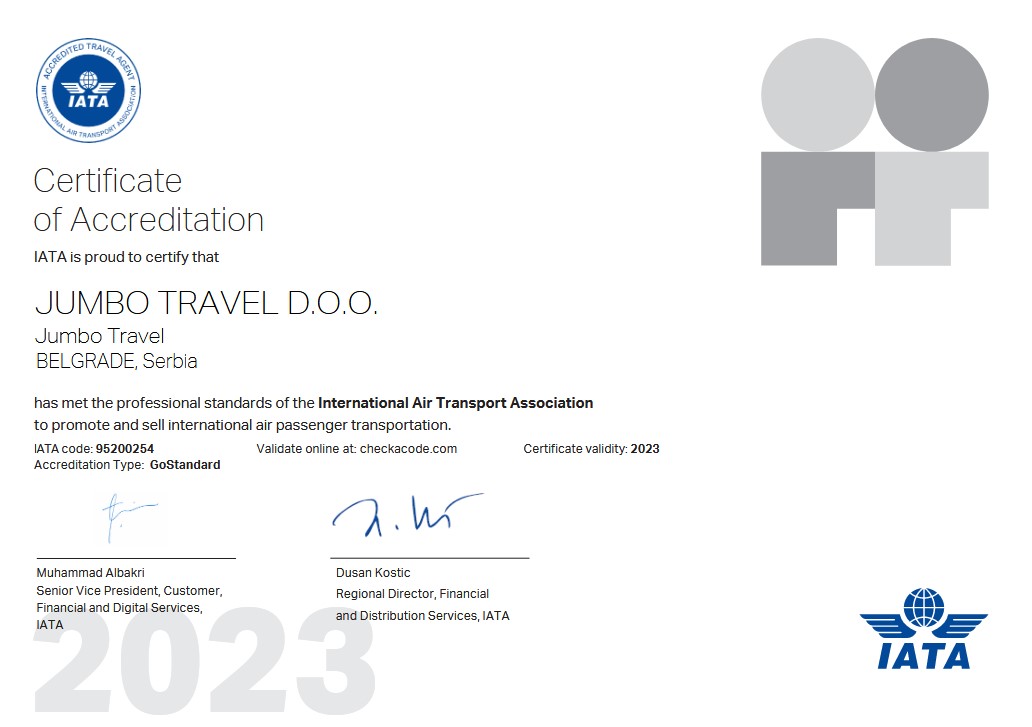 Iata sertifikat 2023 za Jumbo Travel